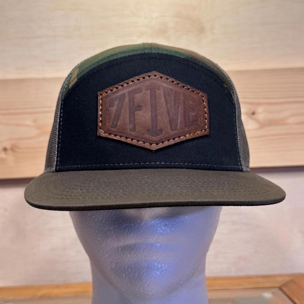 Richardson 7FIVE Trucker Hat Snap Back Mesh Camo Military Leather Patch